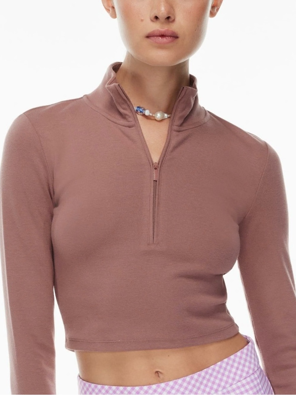 Cropped Mock Neck Half-Zip Long Sleeve Top
